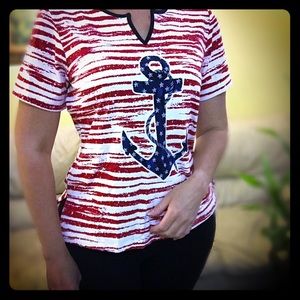 Alfred Dunner ladies shirt, red stripes. Size PS.